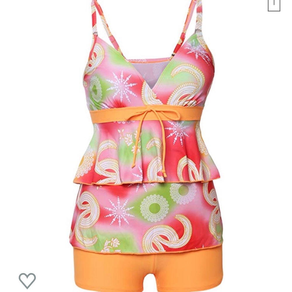 Women Ruffle V Neck Printed Tankini, NWOT